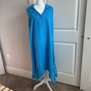 Made In Italy Women’s Blue Linen Eyelet Midi Dress Beachy Lagenlook M Coastal